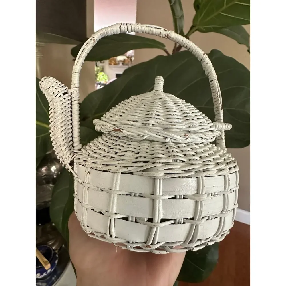 Vintage White Wicker Teapot Shape Basket Cottage Decor 6.5